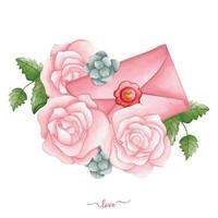 boeket van roos met envelop hand- getrokken illustratie voor Valentijn vector