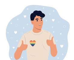 homo Mens met lgbtq regenboog en transgender hart vieren trots maand of dag. vlak vector illustratie