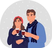 winter geluk, overwogen wijn of koffie drinken voor een besneeuwd winter. tekens met heet drankjes. vrienden besteden tijd samen vector illustratie in vlak stijl.