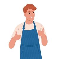 kruidenier op te slaan medewerkers, klein zakelijk.blij positief Mens tonen gebaar. vlak vector illustratie