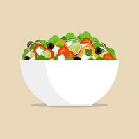 vers Grieks salade in groot schaal, kant visie. tomaat, zoet peper, ui, groenen, kaas, olijven, komkommer, gemengd in bord. vector vlak illustratie.