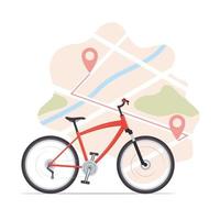 fiets, kaart met begin en af hebben markeringen. fiets verhuur, fiets sharing of levering onderhoud. stad kaart met pinnen en fiets. vector vlak illustratie voor banier, folder, kaart.