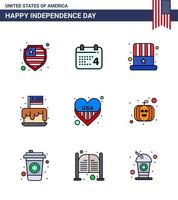 9 vlak gevulde lijn tekens voor Verenigde Staten van Amerika onafhankelijkheid dag hart Verenigde Staten van Amerika pet partij taart bewerkbare Verenigde Staten van Amerika dag vector ontwerp elementen