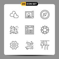 9 zwart icoon pak schets symbolen tekens voor snel reagerend ontwerpen Aan wit achtergrond 9 pictogrammen reeks creatief zwart icoon vector achtergrond