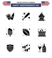 gelukkig onafhankelijkheid dag pak van 9 solide glyphs tekens en symbolen voor sport- bal muffin ijs room room bewerkbare Verenigde Staten van Amerika dag vector ontwerp elementen