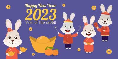 gelukkig Chinese nieuw jaar 2023. grappig konijntjes in traditioneel Chinese kostuums wens nieuw jaar. vector