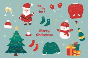Kerstmis reeks van elementen. vector verzameling van schattig de kerstman claus, sneeuwman, Kerstmis boom, geschenk dozen, Champagne, kaars, truien, sokken, wanten en hoed in tekenfilm stijl