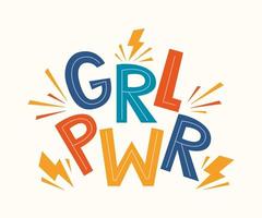 grl pwr citaat. meisje macht schattig hand- tekening motivatie belettering uitdrukking voor t-shirts, poster, kleding, stok Aan laptop, telefoon, muur. feminisme leuze met bliksem bout symbool. vector illustratie.