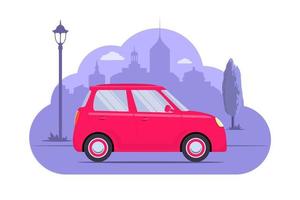 schattig auto Aan stad silhouet achtergrond. roze auto Aan Purper monochroom achtergrond. auto concept illustratie voor app of website. modern vervoer. vlak stijl vector illustratie.