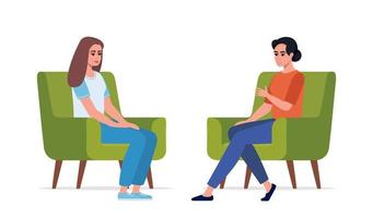 vrouw psychotherapeut heeft een individu sessie met haar geduldig. vrouw zit Aan de stoel en haar therapeut praten haar. praten behandeling concept. vector illustratie.