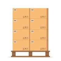 dozen pallet. beige karton Gesloten doos stack met breekbaar teken Aan houten pallets, verpakking lading opslag, industrie Verzending, Verzending goederen. vector illustratie.