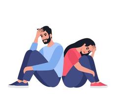 uitgeput Mens en vrouw zittend Aan de vloer, knuffelen hun knieën. moe paar. jong mensen behoeften psychologisch helpen. vector illustratie.