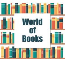 wereld van boeken concept. boek schappen met veelkleurig boek stekels. boeken Aan een plank. vector illustratie in vlak stijl.