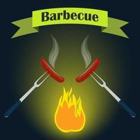 barbecue partij uitnodiging kaart ontwerp sjabloon. vuur, worst, vork. vector illustratie, vlak stijl.