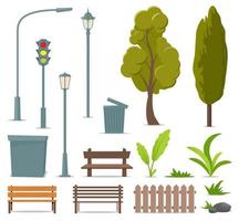 stad en buitenshuis elementen. reeks van stedelijk voorwerpen. straat lamp, verkeer licht, boom, bank, uitschot kan, urn, struiken, gras, planten, steen, schutting. vector illustratie.