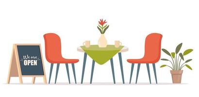 zomer buitenshuis cafe met tafel en stoelen, straat krijt bord. restaurant tafereel in vlak ontwerp. romantisch avondeten tafel voor twee. vector illustratie.