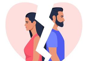 Mens en vrouw staan met hun ruggen naar elk ander, gebroken hart Aan achtergrond. concept van scheiding, misverstand, onenigheid, verhouding problemen. Mens en vrouw in een ruzie, conflict. vector. vector