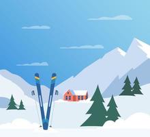 ski toevlucht. winter berg landschap met logeren, ski tillen. winter sport- vakantie spandoek. vector illustratie.