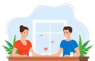 vrouw en Mens in liefde. paar Bij de tafel. Mens houdt een vrouw hand- en ze kijken Bij elk ander. vector illustratie.