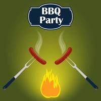 barbecue partij uitnodiging kaart ontwerp sjabloon. vuur, worst, vork. vector illustratie, vlak stijl.