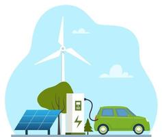 groen elektrisch auto opladen, kant visie. ecologisch schoon vervoer, Eco stad. elektrisch auto opladen Bij de oplader station in voorkant van de zonne- panelen en wind turbines. vector illustratie.