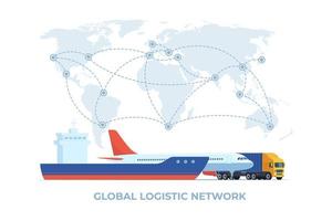 lading logistiek vervoer concept. lading schip, trein, vrachtauto vervoer Aan een achtergrond van de wereld kaart. importeren, exporteren . globaal vracht vervoer. vector illustratie.