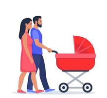 jong ouders wandelen met wandelwagen. gelukkig familie hebben pret samen, pasgeboren kleuter in koets, moeder en vader, zoon of dochter. vector illustratie.