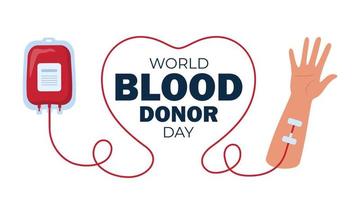 wereld bloed schenker dag poster. menselijk doneert bloed, bloed zak en hand. vector illustratie.
