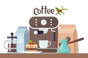 koffie tijd concept illustratie. vroeg ontbijt met koffie en taart. koffie machine, beker, taart, melk, suiker. vector samenstelling voor banier en gedrukt materialen.