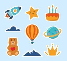 schattig kinderen stickers raket, ster, planeet, teddy beer, wolk, taart, aerostaat. tekenfilm illustratie voor kinderen sticker. kleurrijk vector illustratie.