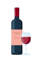 fles en glas met rood wijn. vlak vector illustratie.