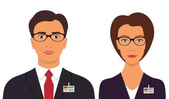 Mens en vrouw in bedrijf pakken met badges en bril. bedrijf avatar profiel afbeelding. vector illustratie, geïsoleerd.