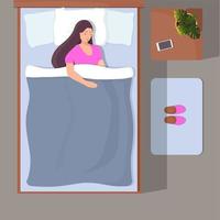 vrouw slapen in haar bed, top visie. meisje slaapt vreedzaam. vector illustratie in vlak stijl.