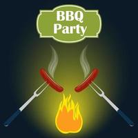 barbecue partij uitnodiging kaart ontwerp sjabloon. vuur, worst, vork. vector illustratie, vlak stijl.