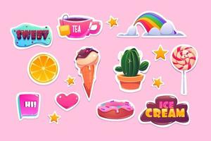 schattig stickers reeks met regenboog, hart en snoepgoed vector