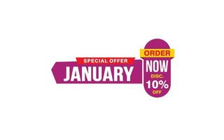 10 procent januari korting bieden, opruiming, Promotie banier lay-out met sticker stijl. vector