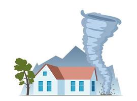 tornado is naderen de huis. tornado met spiraal wendingen vernietigt gebouwen in woon- buurt, natuur ramp concept vector illustratie.