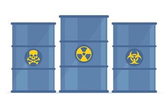 vaten van giftig, biohazard en radioactief afval. metaal vaten met Gevaar tekens. ecologie, milieu vervuiling, afval. vector illustratie.