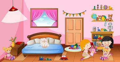 schattige meisjes spelen met hun speelgoed in de roze slaapkamerscène vector