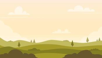 mooi velden landschap met een groen heuvels, bomen, struiken. landelijk landschap in de warm dageraad kleuren. platteland achtergrond voor banier, animatie. vector vlak illustratie.