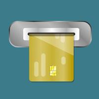 Geldautomaat contant geld sleuf icoon met goud credit of debiteren kaart voor intrekken contant geld geïsoleerd groen achtergrond elementen, vlak tekenfilm ontwerp. vector illustratie