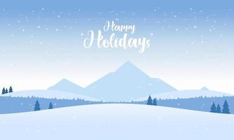 blauw bergen winter besneeuwd landschap met hand- belettering van gelukkig vakantie en dennen Aan voorgrond illustratie vector