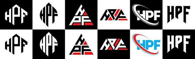 hpf brief logo ontwerp in zes stijl. hpf veelhoek, cirkel, driehoek, zeshoek, vlak en gemakkelijk stijl met zwart en wit kleur variatie brief logo reeks in een tekengebied. hpf minimalistische en klassiek logo vector