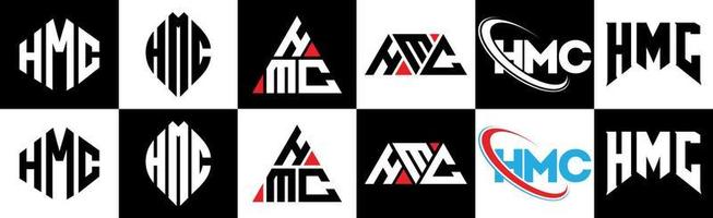 hmc brief logo ontwerp in zes stijl. hmc veelhoek, cirkel, driehoek, zeshoek, vlak en gemakkelijk stijl met zwart en wit kleur variatie brief logo reeks in een tekengebied. hmc minimalistische en klassiek logo vector