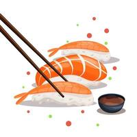 sushi met Zalm en garnaal en eetstokjes Aan een wit achtergrond. vector illustratie