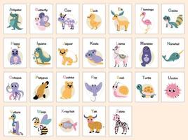 kinderachtig dier alfabet van een naar z. leerzaam materiaal voor kinderen. reeks van brief kaarten met dieren voor affiches, kaarten, boek. vector