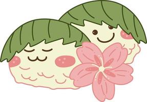sakura mochi karakters. twee schattig sakura mochi tekens met sakura bloem. tekening tekenfilm vector illustratie.