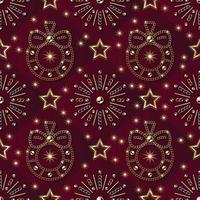 naadloos patroon met sterren, Kerstmis kransen, vuurwerk gemaakt van sieraden goud, bronzen, zilver kettingen. klein glimmend sterren, sparkles Aan meetkundig plein rood achtergrond. vector