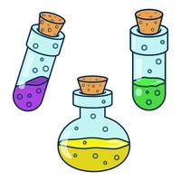 reeks van geïsoleerd gemakkelijk vector illustraties van verschillend vorm kleurrijk toverdrank glas flessen met bubbels Aan wit achtergrond. wetenschap chemie test buis beker vloeistof Onderzoek laboratorium. vlak