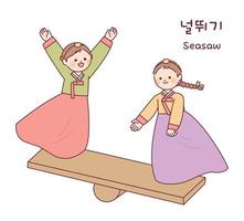 Koreaans traditioneel Speel. twee meisjes vervelend hanbok zijn rijden Aan een wip. vector